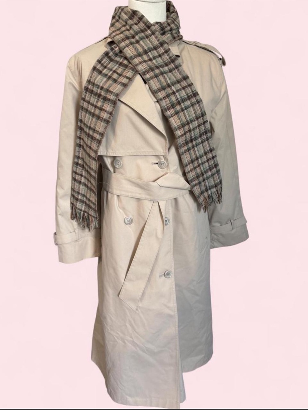 London Fog Belted Trench Coat & Plaid Scarf in Brown, Tan, and Cream